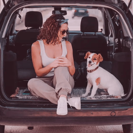 Mulher e cachorro no porta malas de um carro.