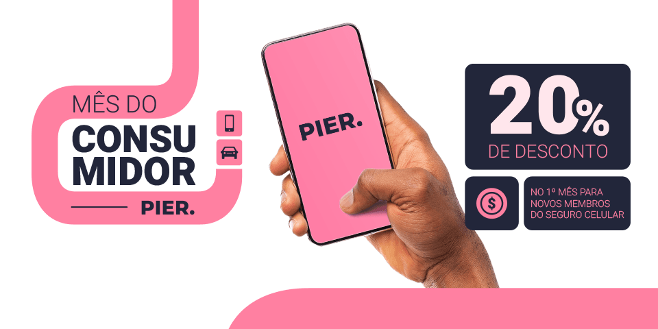 Uma mão segurando um celular com a tela mostrando o logo da Pier com fundo rosa